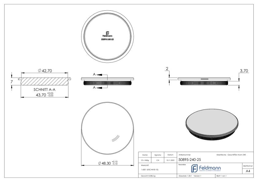 Rohrabschlussstopfen, für Rohr 48,3x2,5mm, V2A