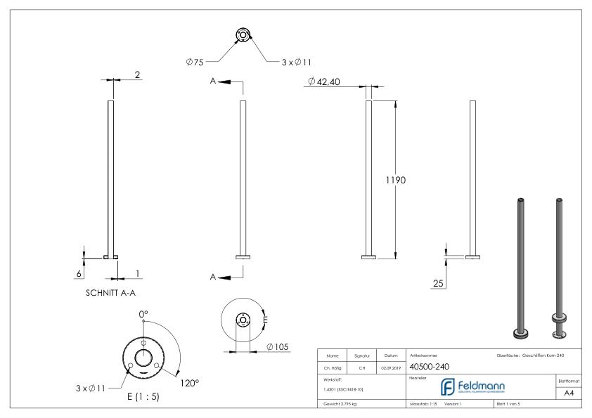 Edelstahlpfosten zur Bodenmontage, H: 1190mm
