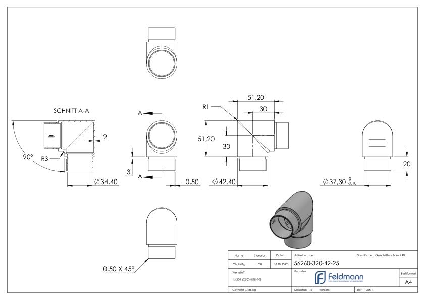 Eckstück 90° kurz, für Rohr 42,4 x 2,5mm, V2A