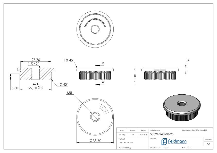 Rohrabschlussstopfen, für Rohr 33,7x2,5mm, V2A