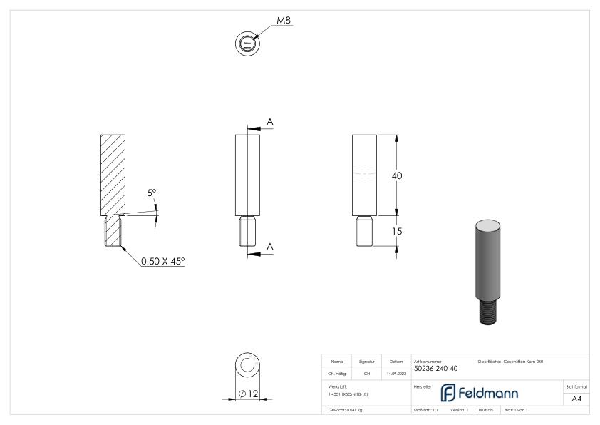 Stift Ø 12mm, L: 40mm, V2A