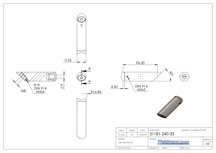 Rohrabstandshalter schräg, für Rohranschluss 33,7mm, V2A