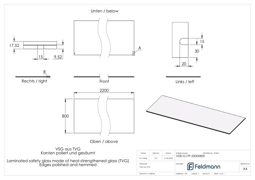 Eleganza canopy Glas: 2200x800mm VSG aus 2x8mm TVG mit 1,52mm PVB