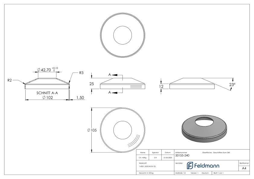 Abdeckrosette konisch, 105x25mm, mit Bohrung 43mm, V2A