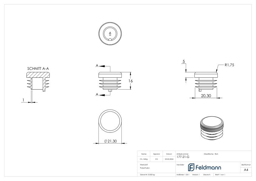 Kunststoffkappe für Rundrohr 21,3mm