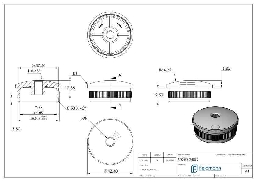 Rohrabschlussstopfen, für Rohr 42,4x2,0mm, V2A