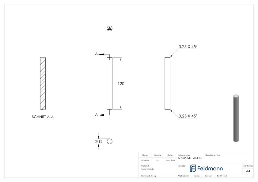 Stift Ø 12mm, Länge 120mm