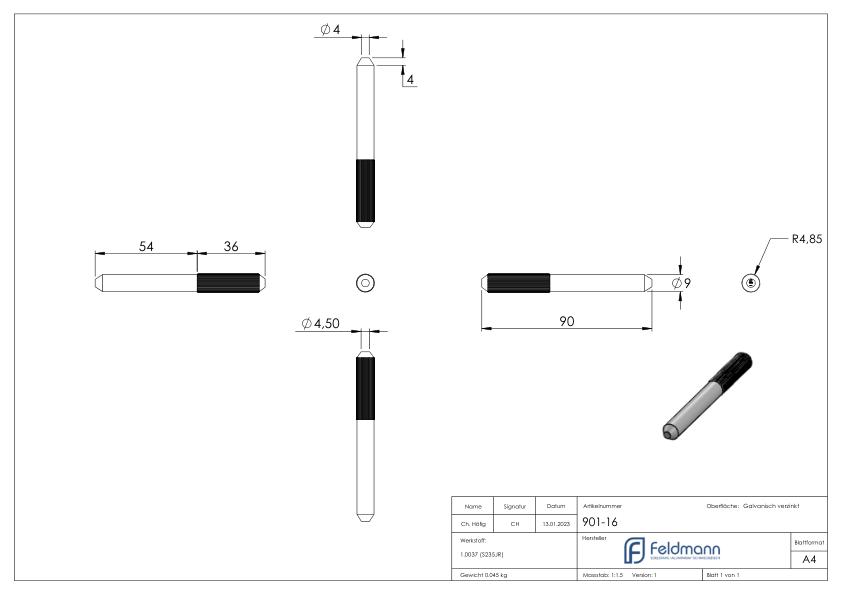 Verbindungsstift für Laufschiene mit Ø 16mm Verbindungsstift für Laufschiene mit Ø 16mm