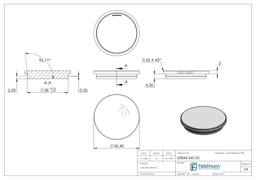 Rohrabschlussstopfen, für Rohr 42,4x2,5mm, V2A