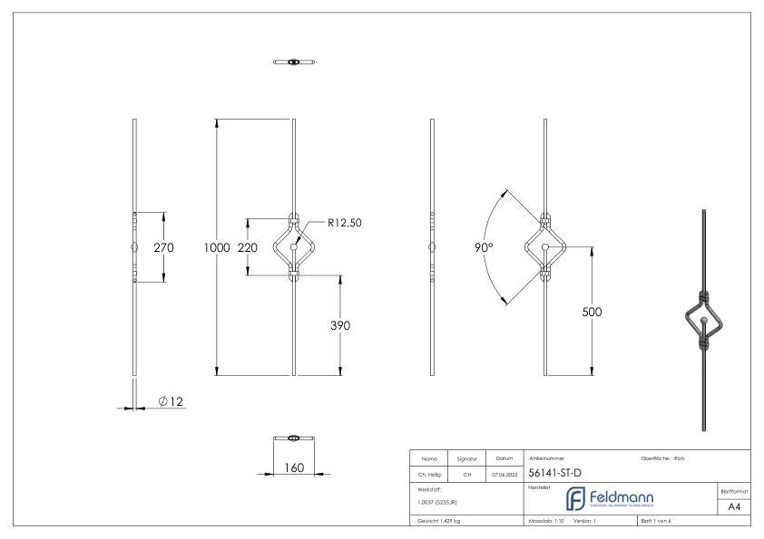 Designstab Ø 12mm, doppelt, H: 1000mm, S235