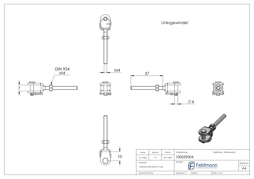 Gabelterminal mit Außengew. M4 links, V4A