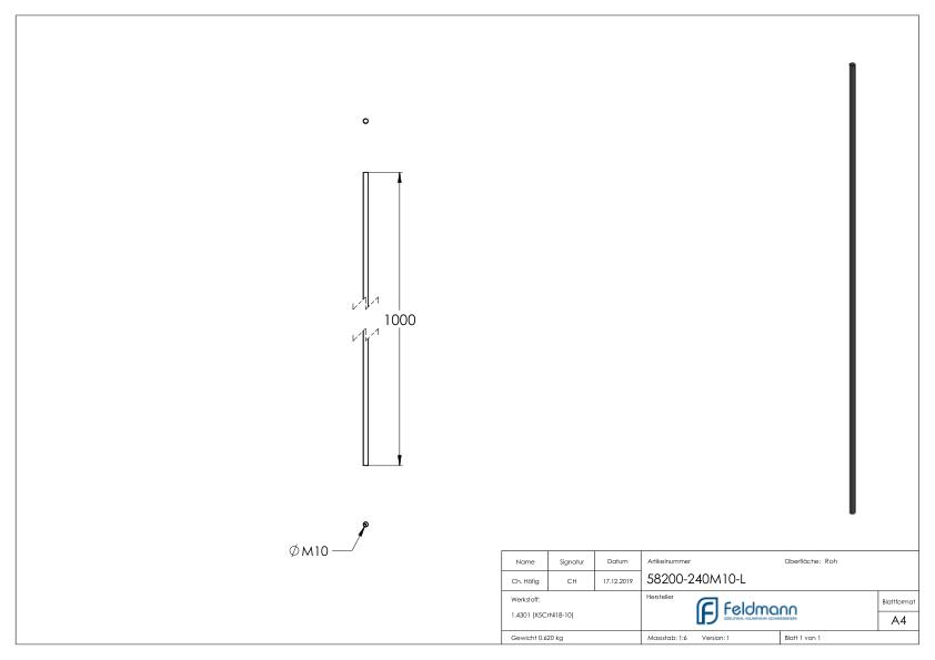 Gewindestange V2A L:1m, M10 Linksgewinde