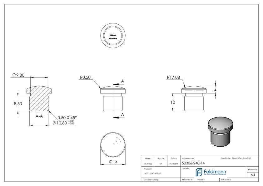 Rohrabschlussstopfen, für Rohr 14,0x1,5mm, V2A