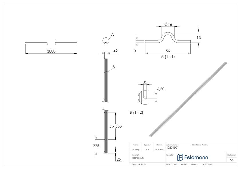 Laufschiene 16mm, L: 3000mm zum Aufschrauben