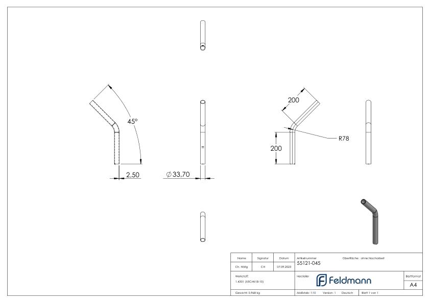 Rohrbogen 45°, aus Rohr 33,7x2,5mm, V2A