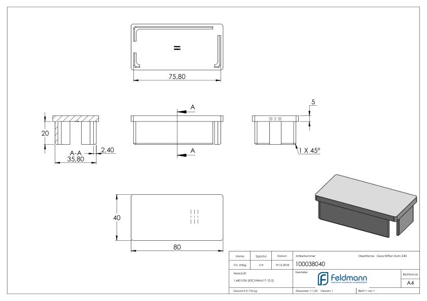 Einsteckkappe, für Rohr 80x40x2,0mm, V4A