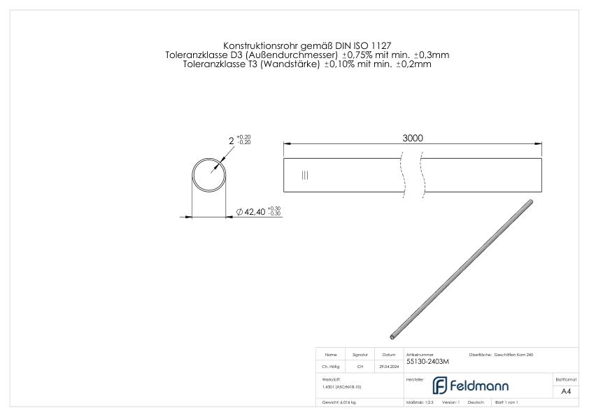Edelstahlrohr, 42,4x2,0mm, L: 3000mm, V2A