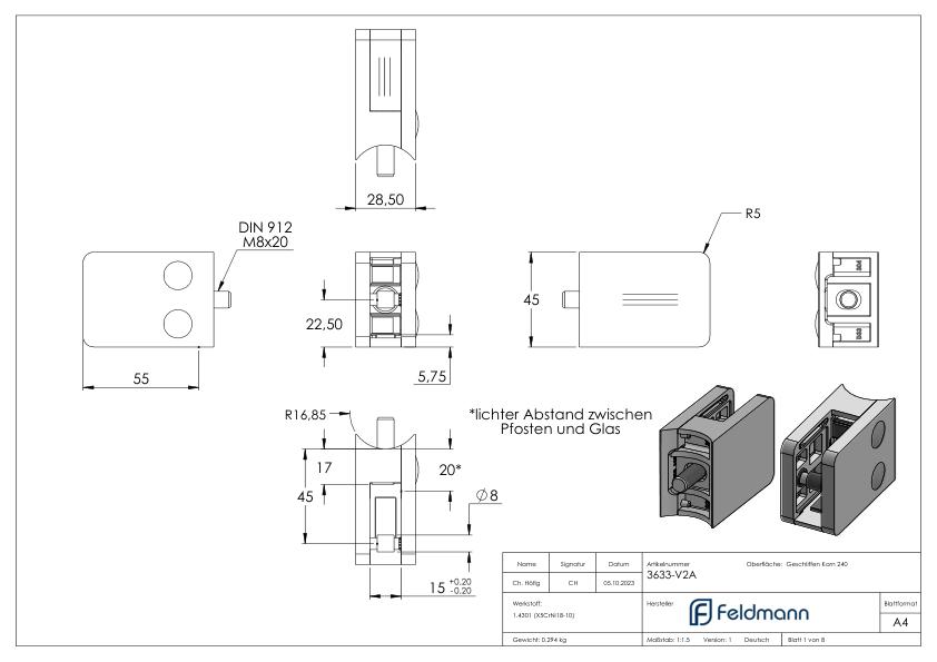 Glasklemme Mod. 36, Anschluss: 33,7mm, in V2A