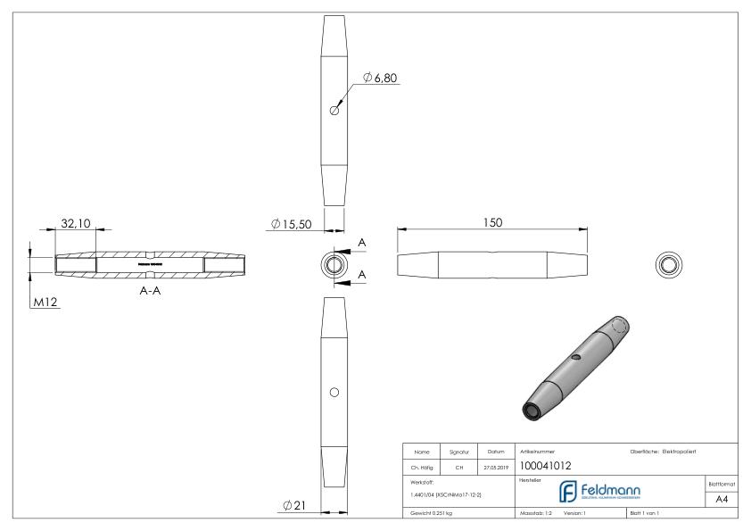 Wantenspanner mit Links- und Rechtsgewinde M12,V4A