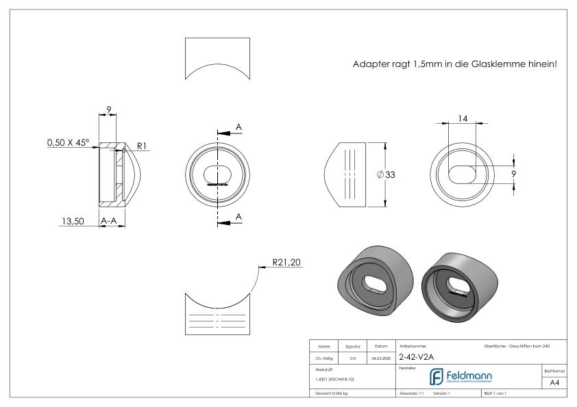 Adapterstück, Anschluss 42,4mm, V2A Adapterstück, Anschluss 42,4mm, V2A