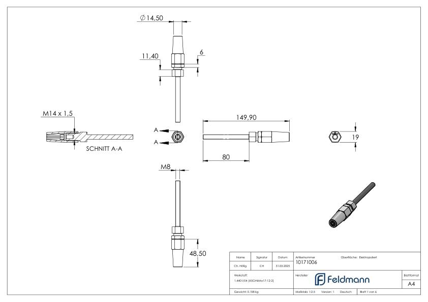Gewindeterminal zur Selbstmontage für Seil Ø 6mm und Gewinde M8, V4A