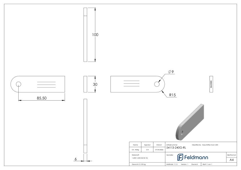 Anschweißlasche, 100x30x6mm, geschliffen, V2A