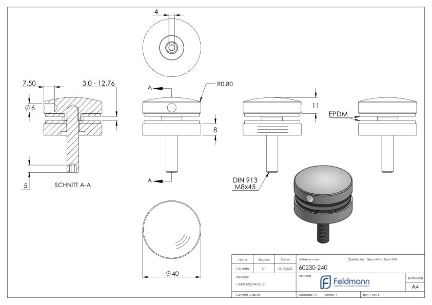 Glaspunkthalter 40mm, Anschluss: flach, V2A