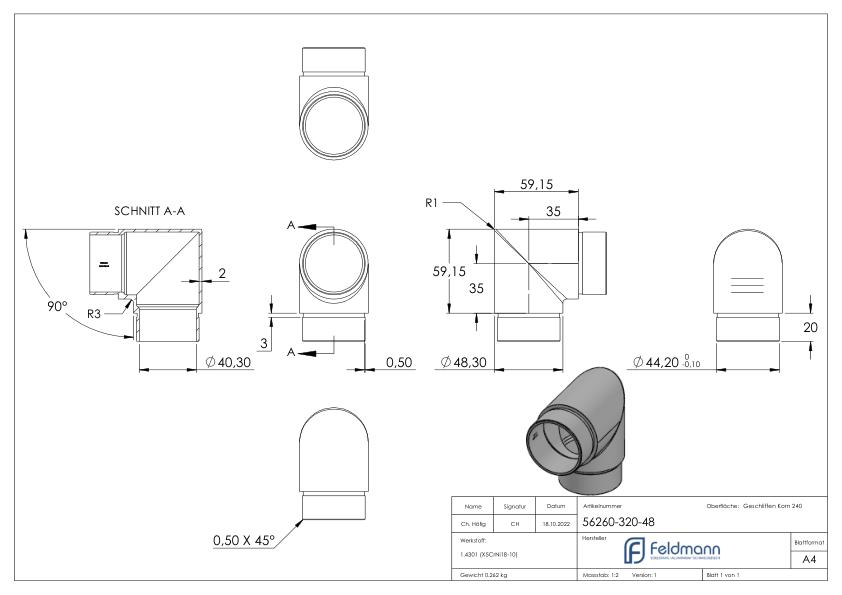 Eckstück 90° kurz, für Rohr 48,3 x 2,0mm, V2A