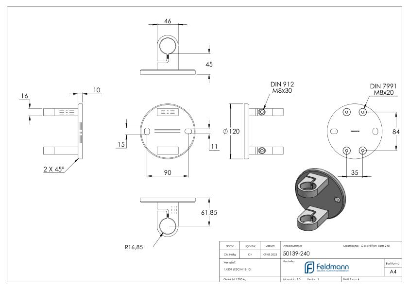 Wandbefestigung für Geländerpfosten 33,7mm, V2A