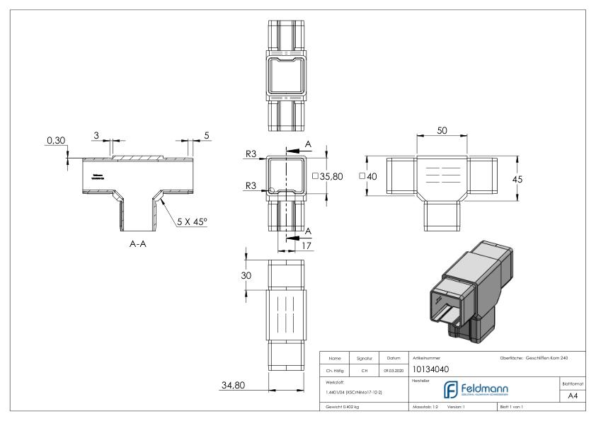 T-Verbinder für Rohr 40x40x2,00mm, V4A