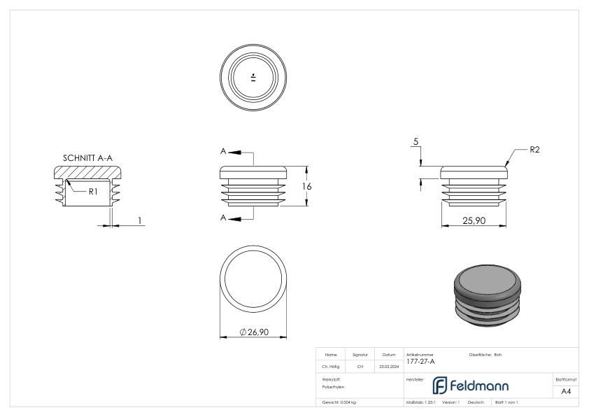 Kunststoffkappe für Rundrohr 26,9mm