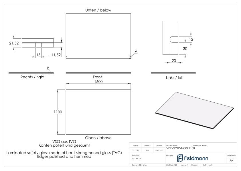 Eleganza canopy Glas: 1600x1200mm VSG aus 2x10mm TVG mit 1,52mm PVB