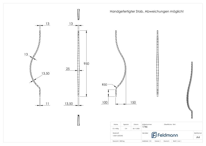 Korbgitterstab 13x13mm, gehämmert, H: 950mm