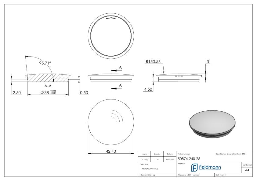 Rohrabschlussstopfen, für Rohr 42,4x2,5mm, V2A