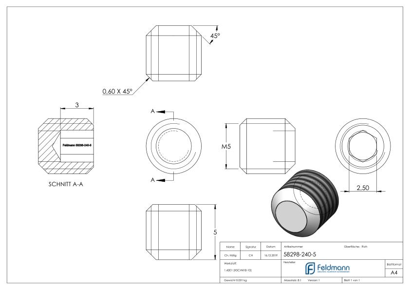 Gewindestift M5x5, V2A, DIN 913 / ISO 4026