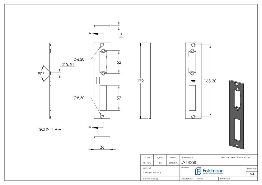 Edelstahlschließblech 172x36x3,0mm, für Abstand 72mm, V2A