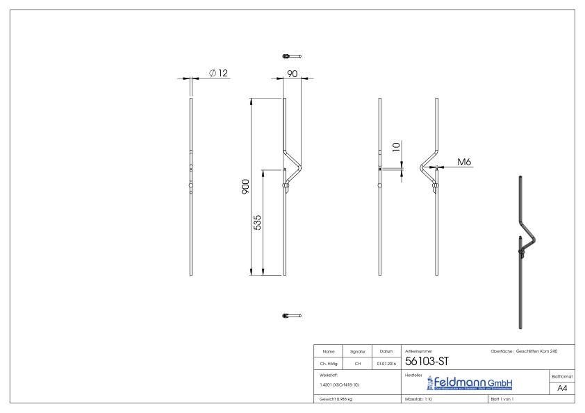 Designstab Ø 12mm, H: 900mm, für 1x Kugel 25mm