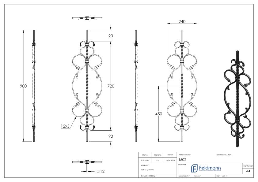 Zierstab 12x12mm, gerillt, Barock, H: 900mm