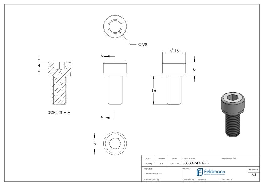 Zylinderkopfschraube M8x16 V2A DIN 912