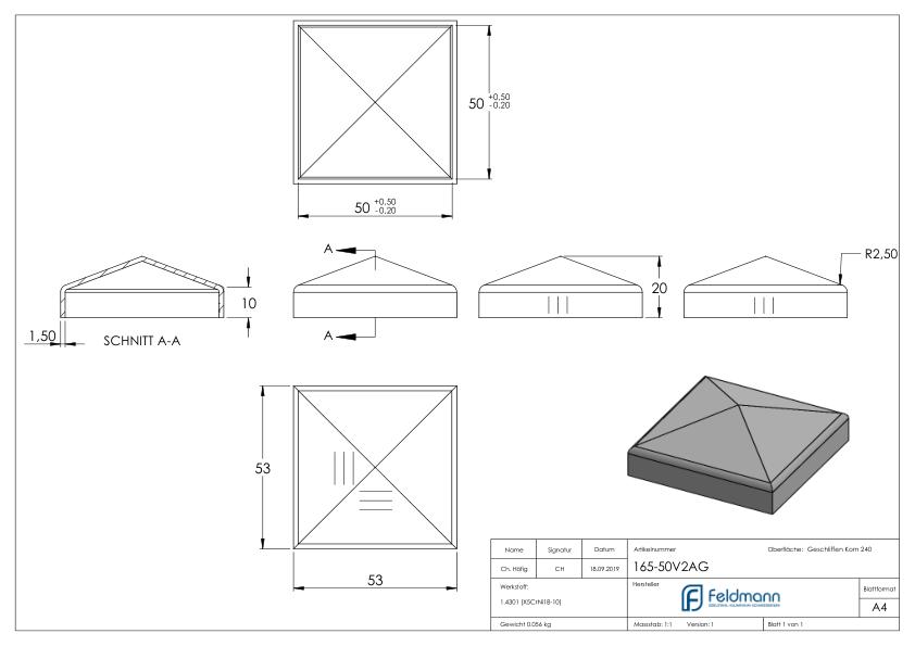 Pyramidenkappe, für Rohr 50x50mm, V2A