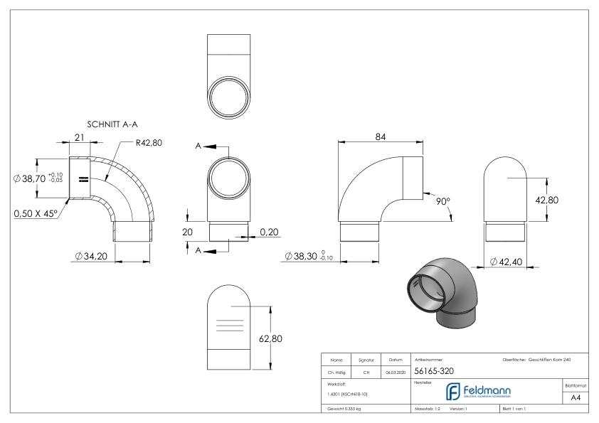 Anschlussbogen 90°, für Rohr 42,4x2,0mm, V2A