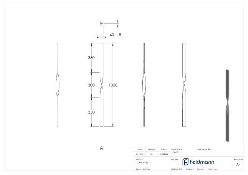 Zaunfeldstab 180° aus Flacheisen 40 x 8mm, Länge 1000mm