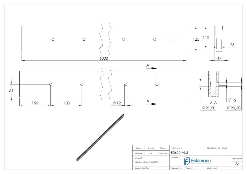 Alu-Profil ELEGANZA STRONG, seitliche Montage, L: 6000mm Alu-Profil ELEGANZA STRONG, seitliche Montage, L: 6000mm