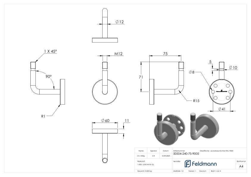 Handlaufhalter Außengewinde inkl. Abdeckrosette (Ronde und Bügel verschweißt), V2A RAL 9005 matt