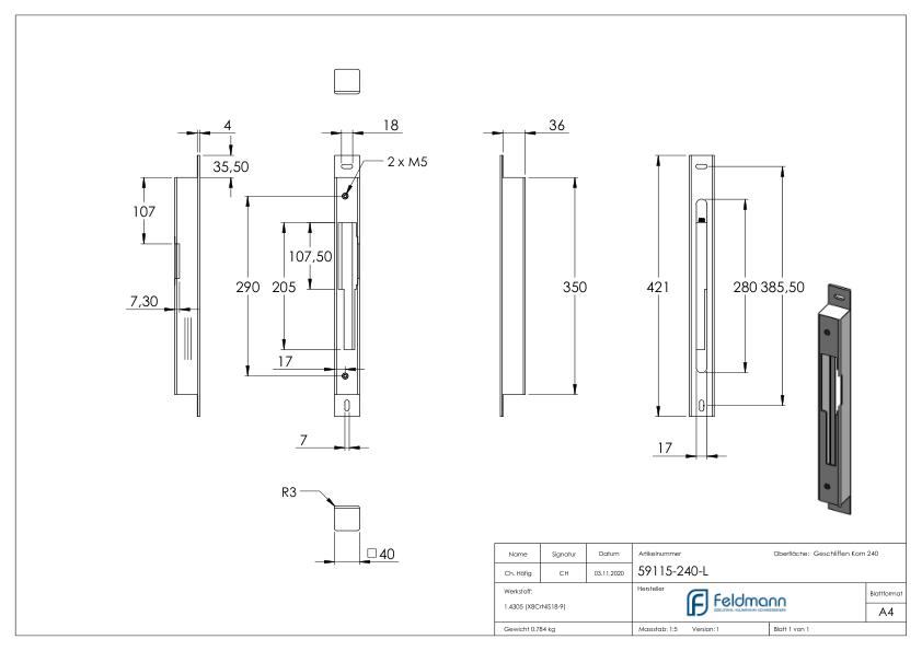 Gegenkasten zum Aufschrauben, für Abstand 72 / 92 mm für 40mm, DIN L, V2A