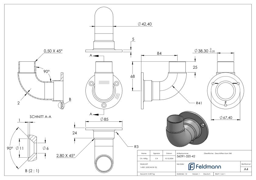 Wandhalter 90° für Rohr 42,4x2,0mm, V2A