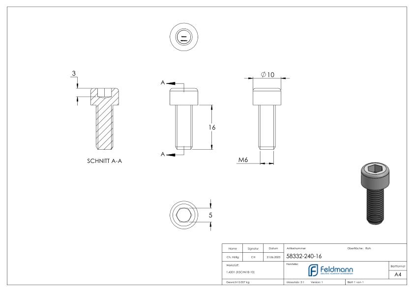 Zylinderkopfschraube M6 x 16, A2, DIN 912 Zylinderkopfschraube M6 x 16, A2, DIN 912
