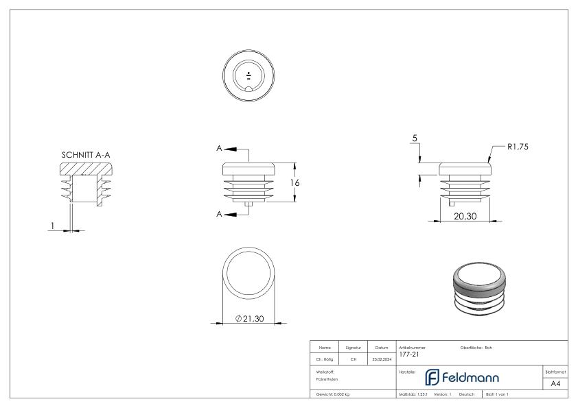 Kunststoffkappe für Rundrohr 21,3mm