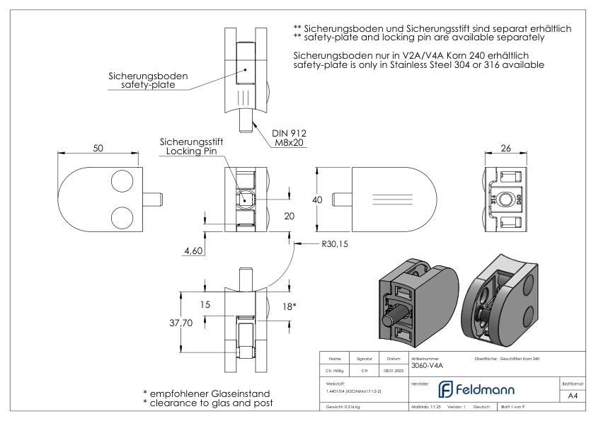 Glasklemme Mod. 30, Anschluss: 60,3mm, V4A
