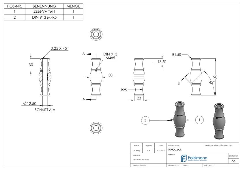 Zierhülse mit Durchgangsbohrung 12,5mm, V2A